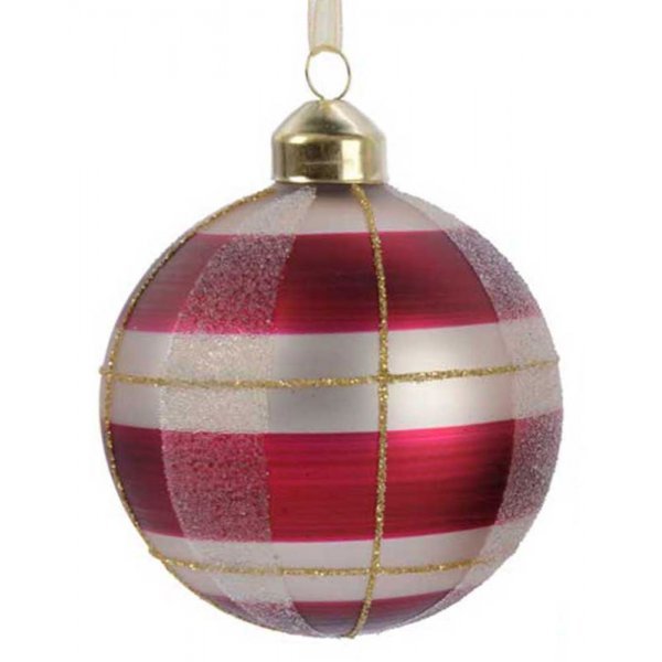 Χριστουγεννιάτικη Γυάλινη Μπάλα, με Μωβ και Λευκές Ρίγες (8cm)